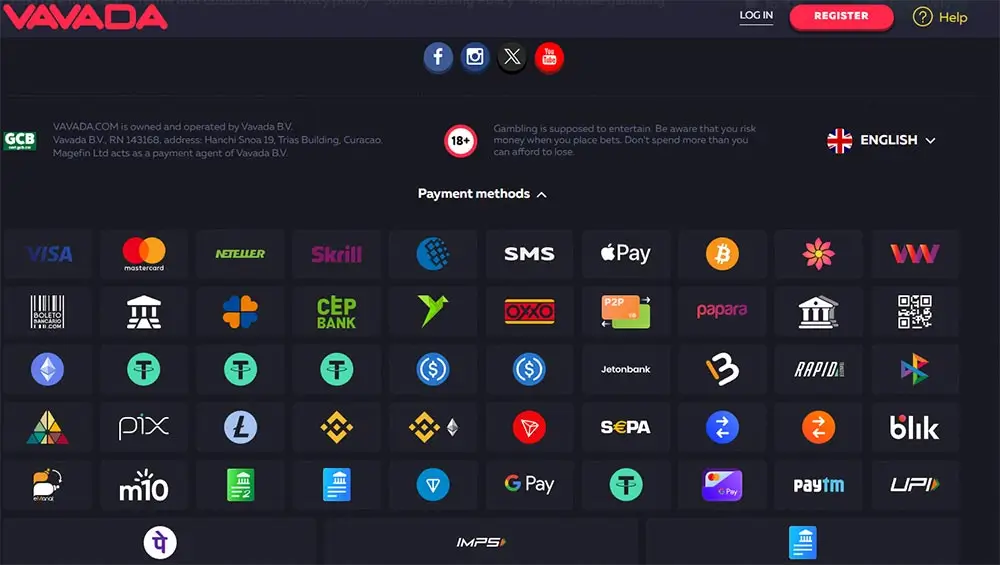 Сторінка методів оплати Vavada із логотипами різних банківських опцій, електронних гаманців, криптовалют та мобільних платіжних сервісів.